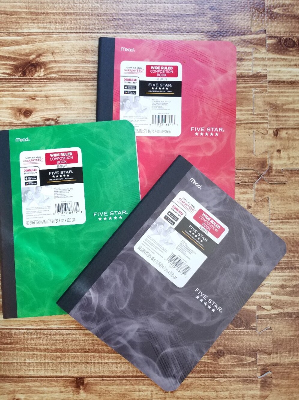 Five Star Composition Wide Ruled Notebooks in Red, Green, and Gray Set of 3 NEW